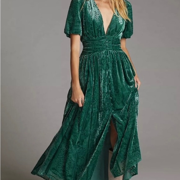 Anthropologie Green Velvet Puff-Sleeve Maxi Dress - Picture 3 of 4